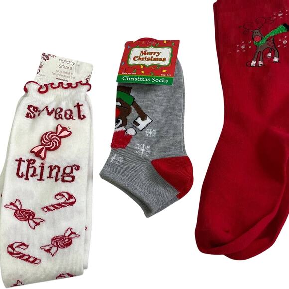 5 New NWT Womens Holiday Christmas Reindeer Peppermint Santa Glitter Socks - Picture 3 of 4